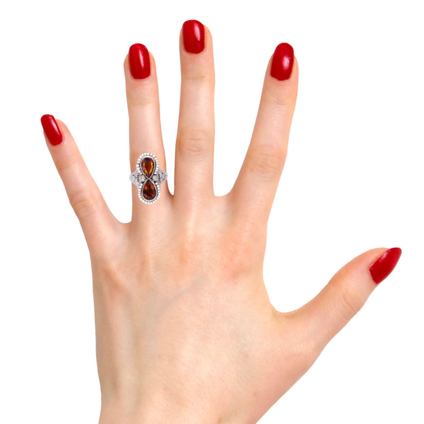 18k White Gold Vintage Citrine & Seed Pearl Filigree Cocktail Ring Size 4