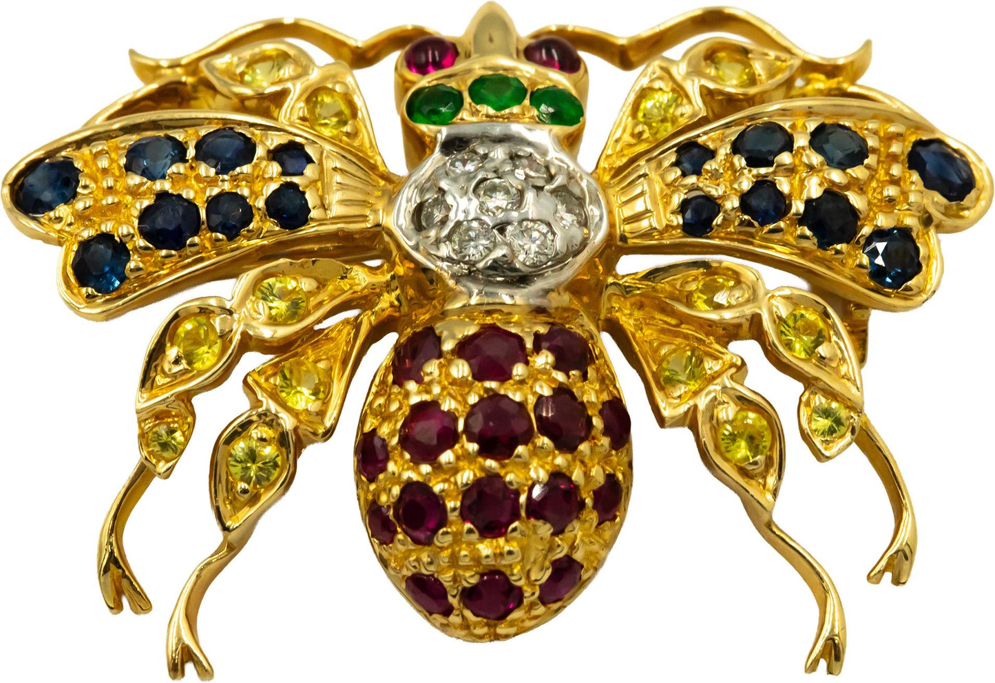 18k Yellow Gold 0.85CT Diamond Sapphire and Emerald Insect Fly Brooch