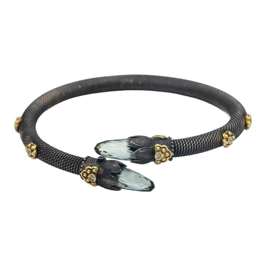 STAMBOLIAN 18k Gold Sterling Silver 0.07CT Diamond Green Amethyst Cuff Bracelet