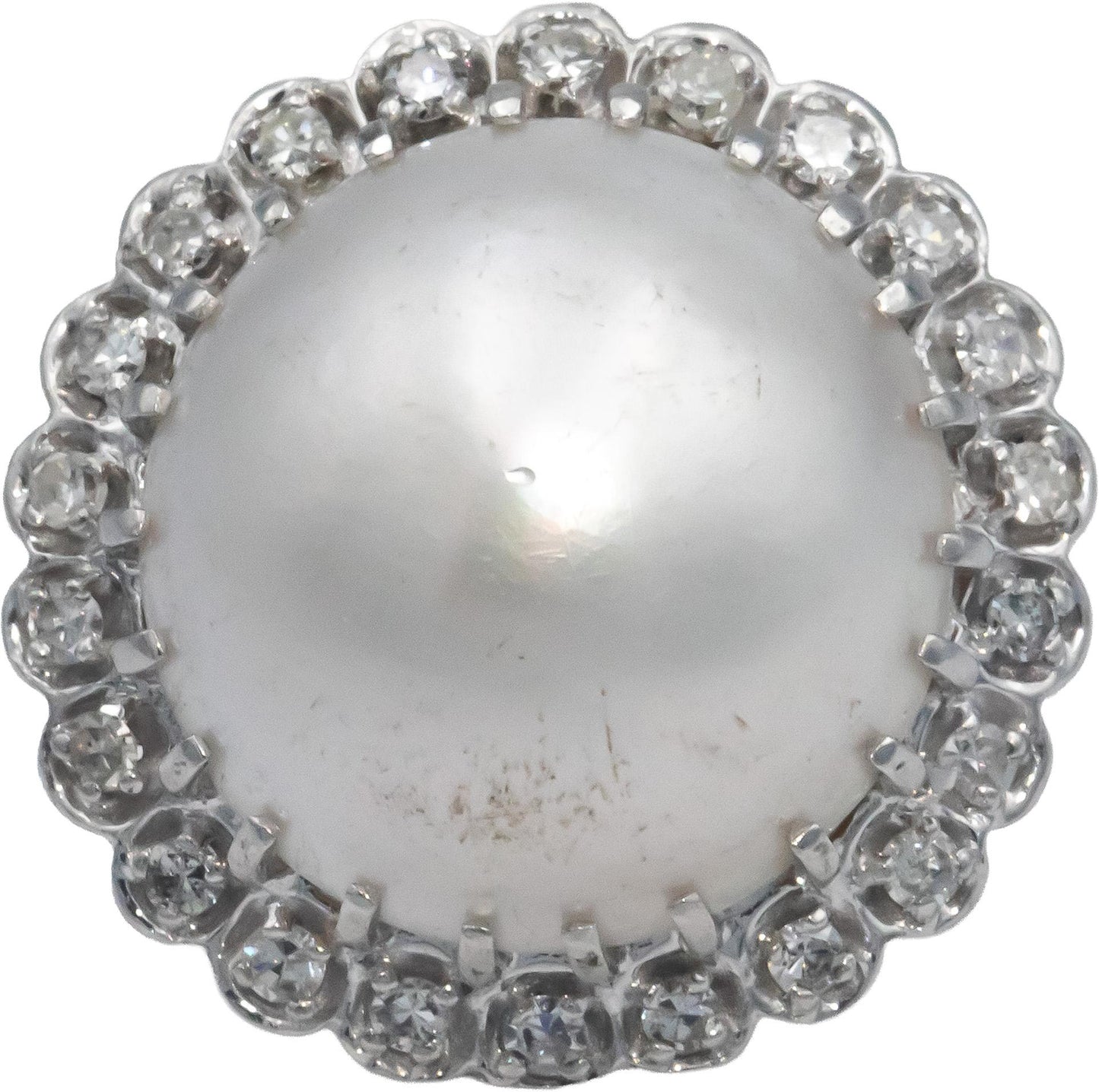 Vintage Antique 14k White Gold 0.30CT Diamond and 16.7mm Mabe Pearl Ring Size 7