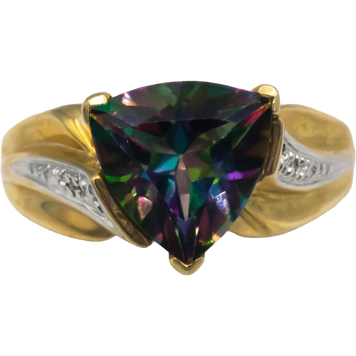14k Yellow Gold 2.0CT Trillion Cut Mystic Topaz Ring w/ Diamond Accents Size 7