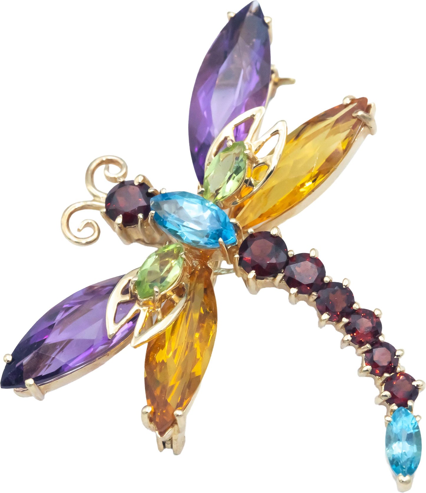 14k Yellow Gold 13.0CT Assorted Gemstone Dragonfly Brooch Pin