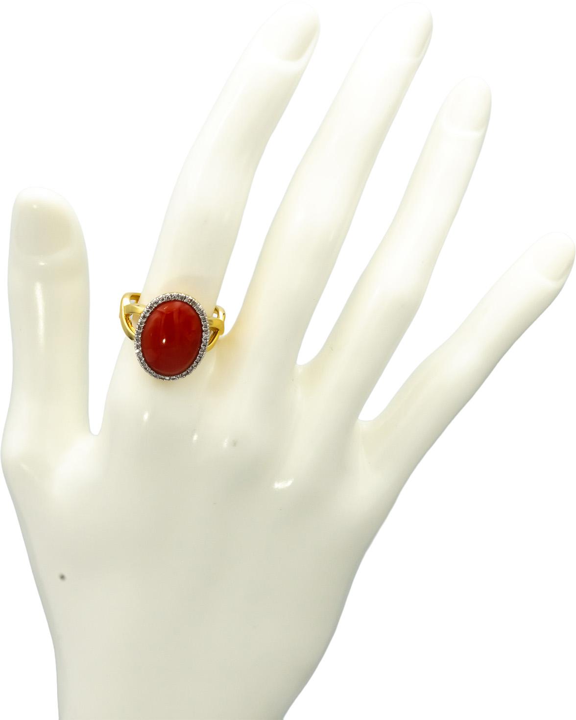 14k Yellow Gold Cabochon Coral Round Diamond Cocktail Ring 0.25CT Size 7