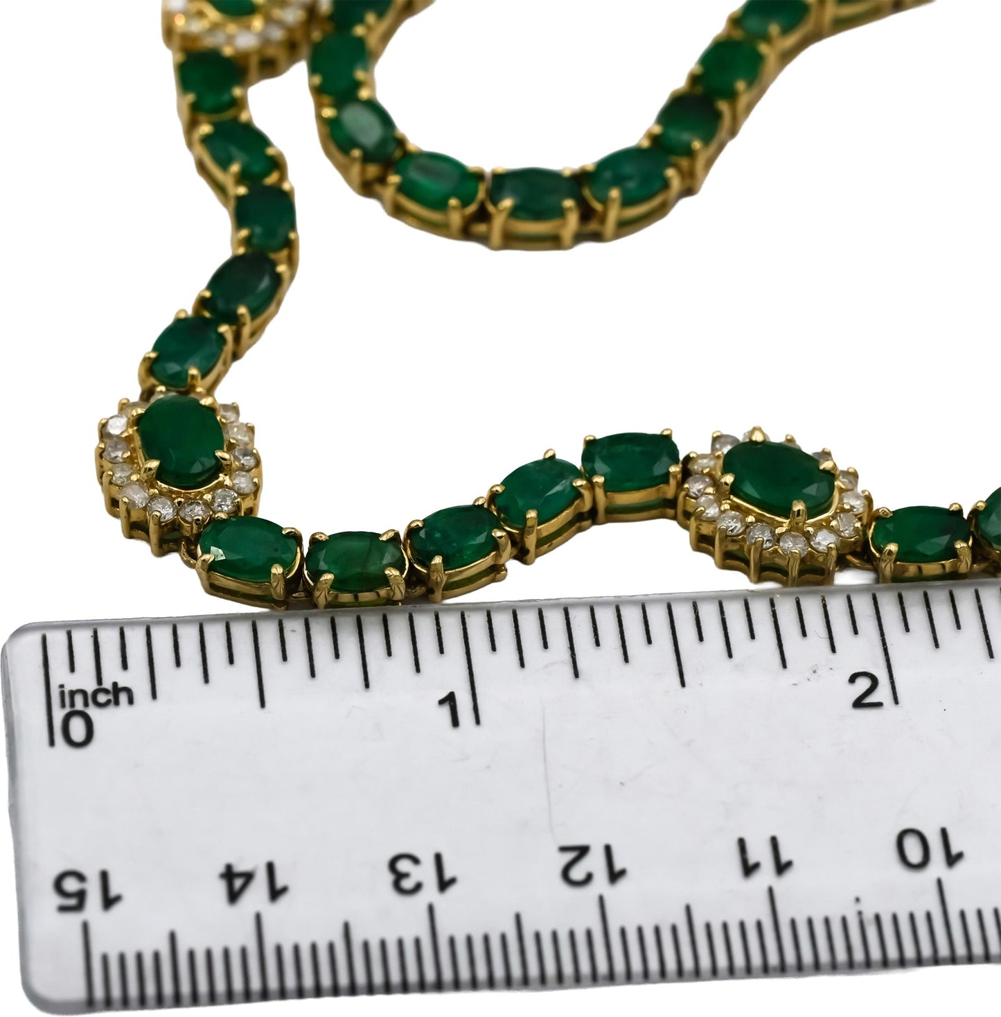 14k Yellow Gold Round Diamond and Oval Cut Emerald Formal Necklace 29.50CT