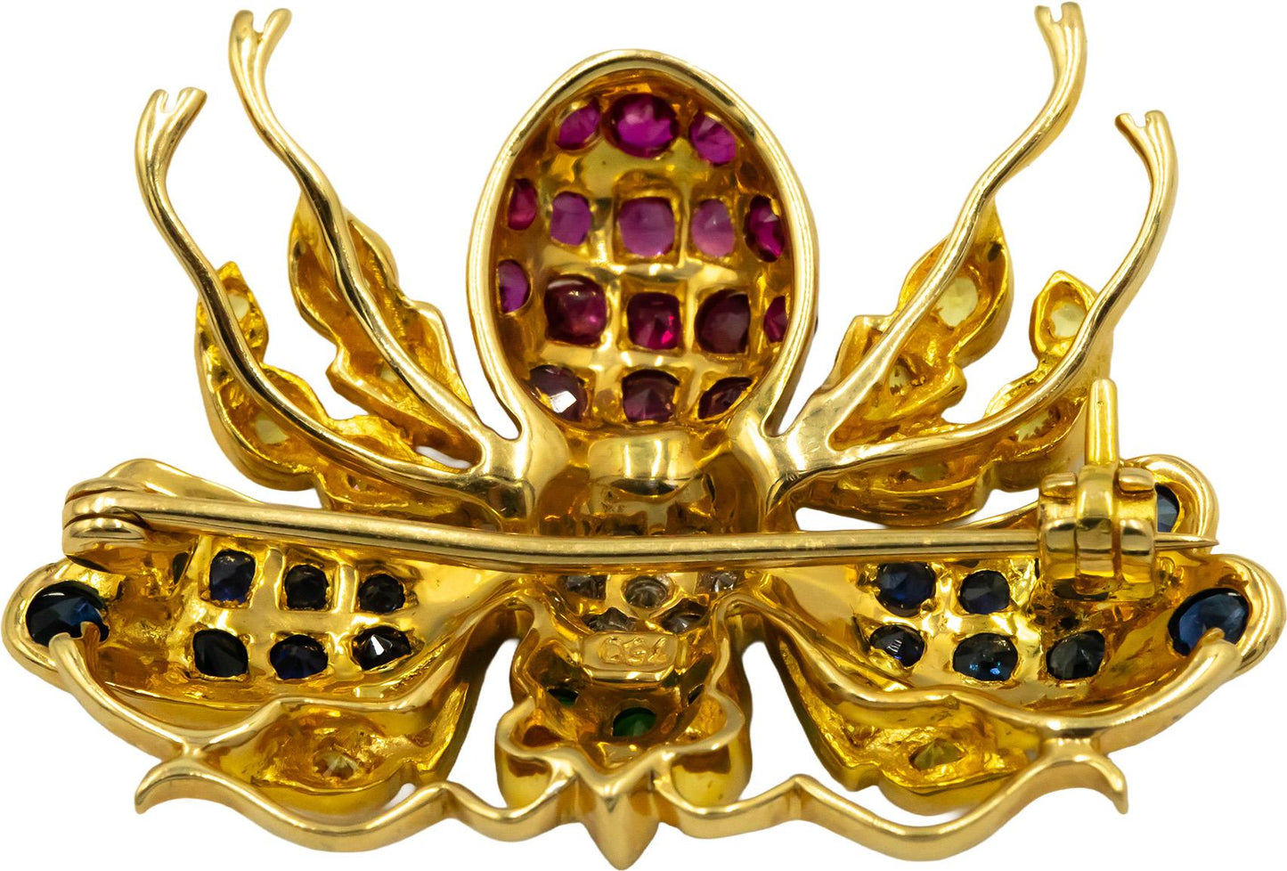 18k Yellow Gold 0.85CT Diamond Sapphire and Emerald Insect Fly Brooch