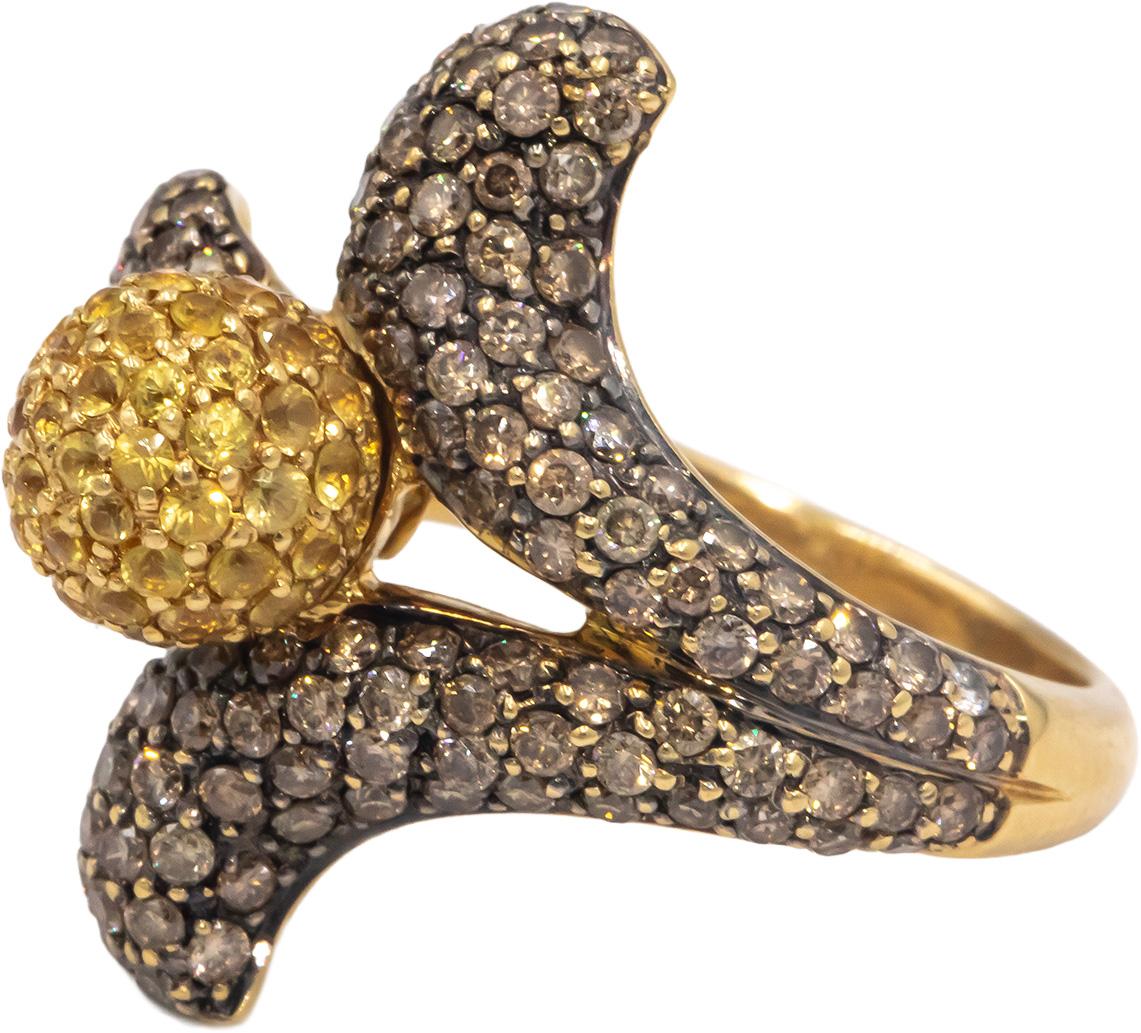 18k Yellow Gold 2.0CT Brown Diamond Yellow Sapphire Flower Ring Size 5.5