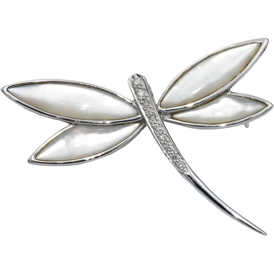 18k White Gold 0.15CT Diamond and Mother of Pearl Dragonfly Brooch Pin