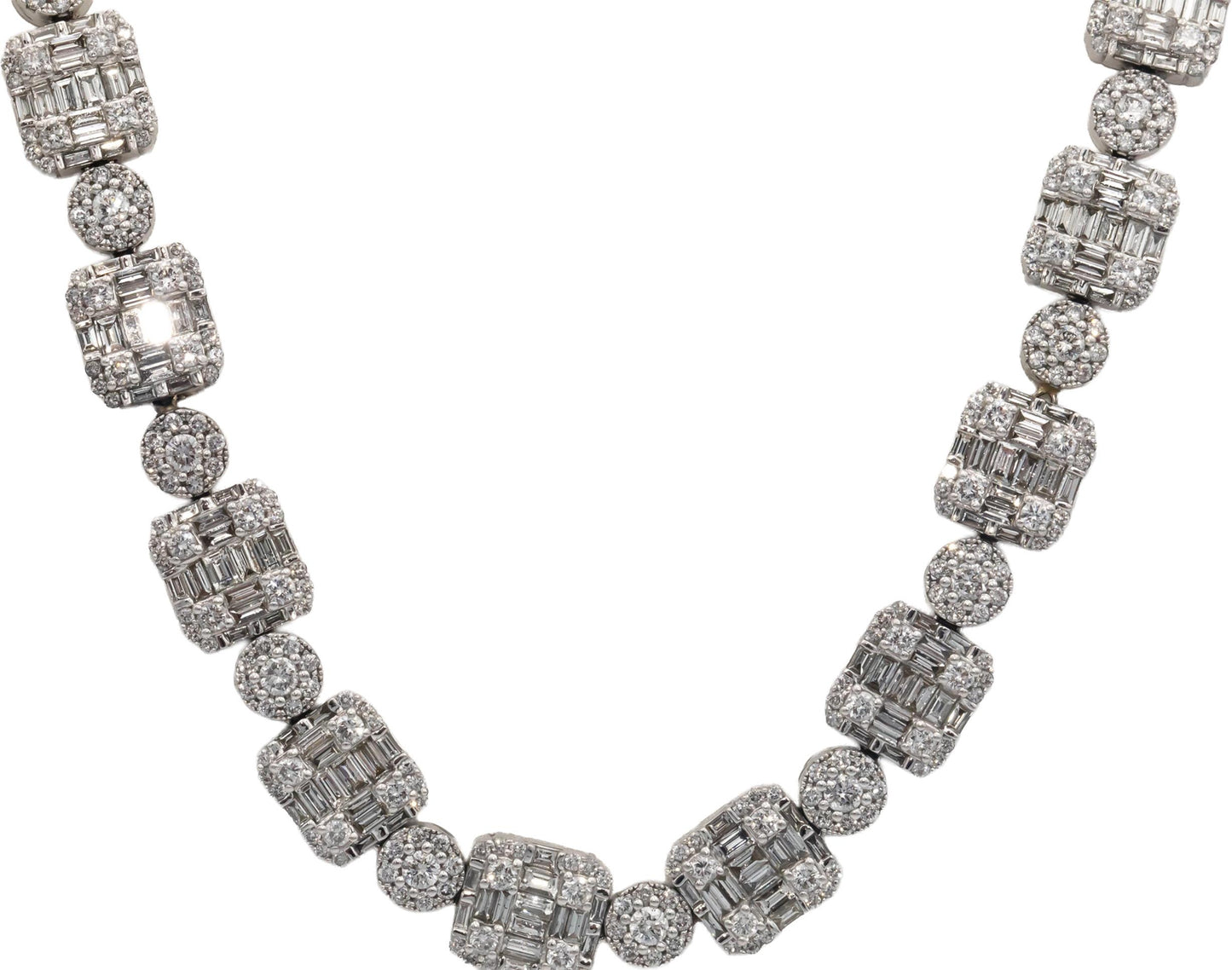 Diamond 14K White Gold VS Round & Baguette Iced Out 22.75" Long Necklace 28.0CT