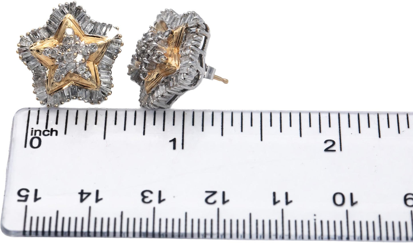 10k Yellow & White Gold 1.50CT Round & Baguette Cut Star Stud Earrings