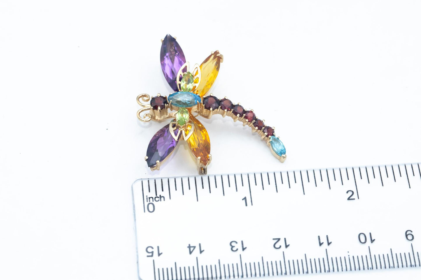 14k Yellow Gold 13.0CT Assorted Gemstone Dragonfly Brooch Pin