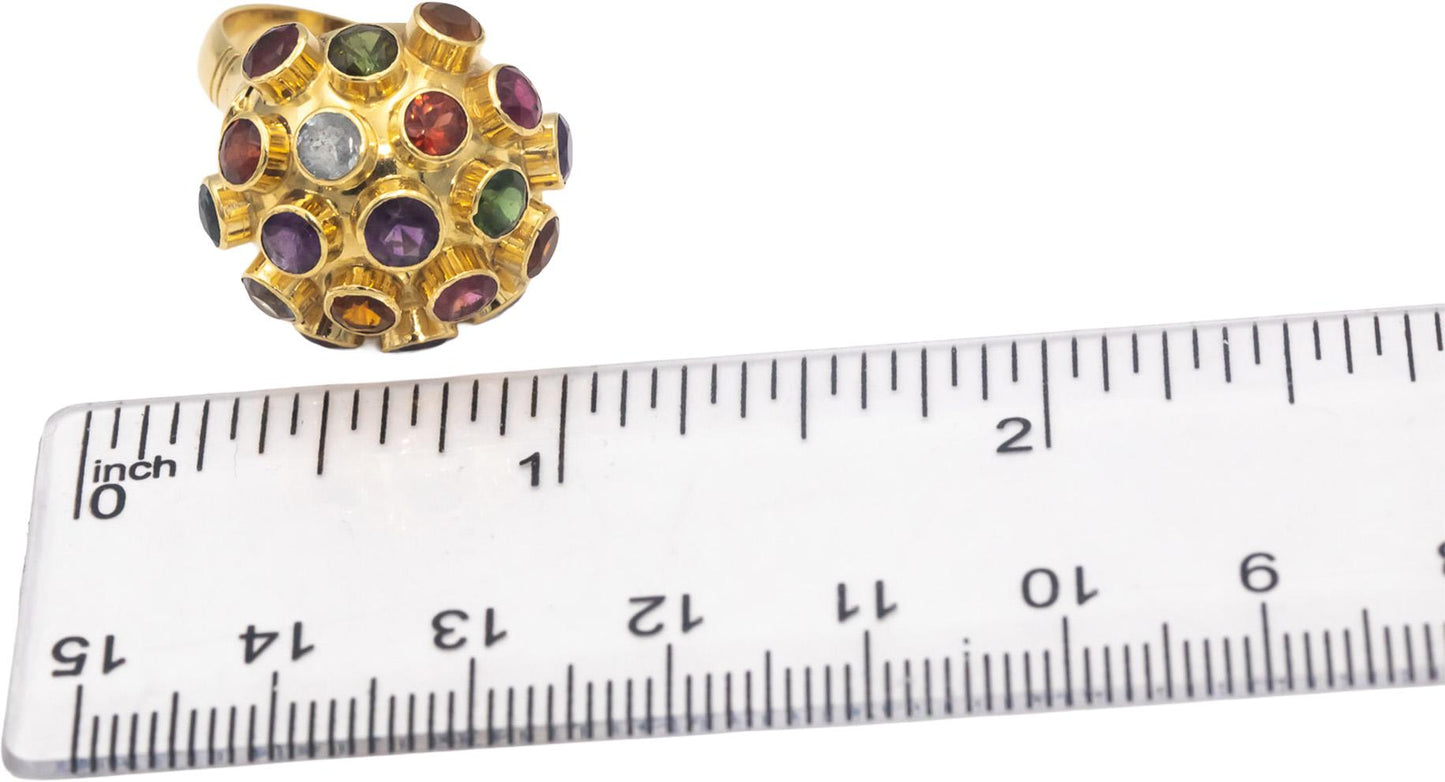 Assorted Rainbow Gemstone 18k Yellow Gold Bezel Set Sputnik Dome Ring Size 6.5