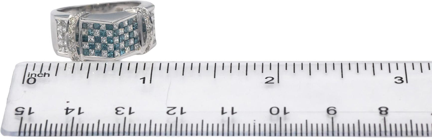 14k White Gold White and Blue Diamond Cluster Cocktail Ring 1.50CT Size 7