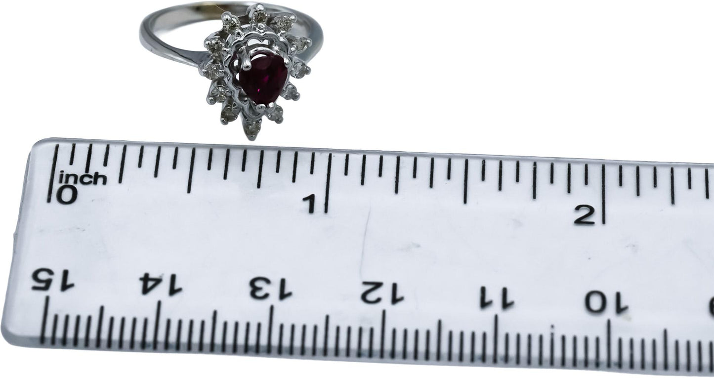 14k White Gold Round Diamond Pear Cut Ruby Cocktail Ring 0.50CT Size 4