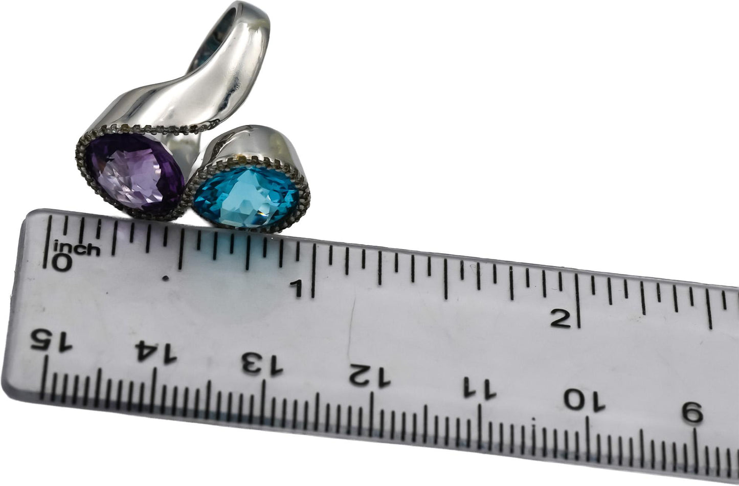 18k White Gold Diamond Blue Topaz Amethyst Bypass Ring 8.33CT Size 4