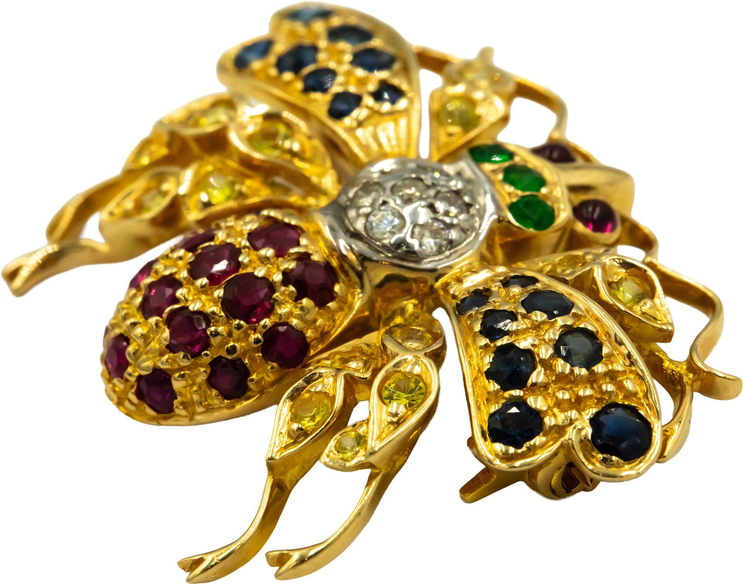 18k Yellow Gold 0.85CT Diamond Sapphire and Emerald Insect Fly Brooch