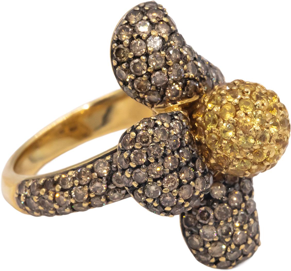 18k Yellow Gold 2.0CT Brown Diamond Yellow Sapphire Flower Ring Size 5.5