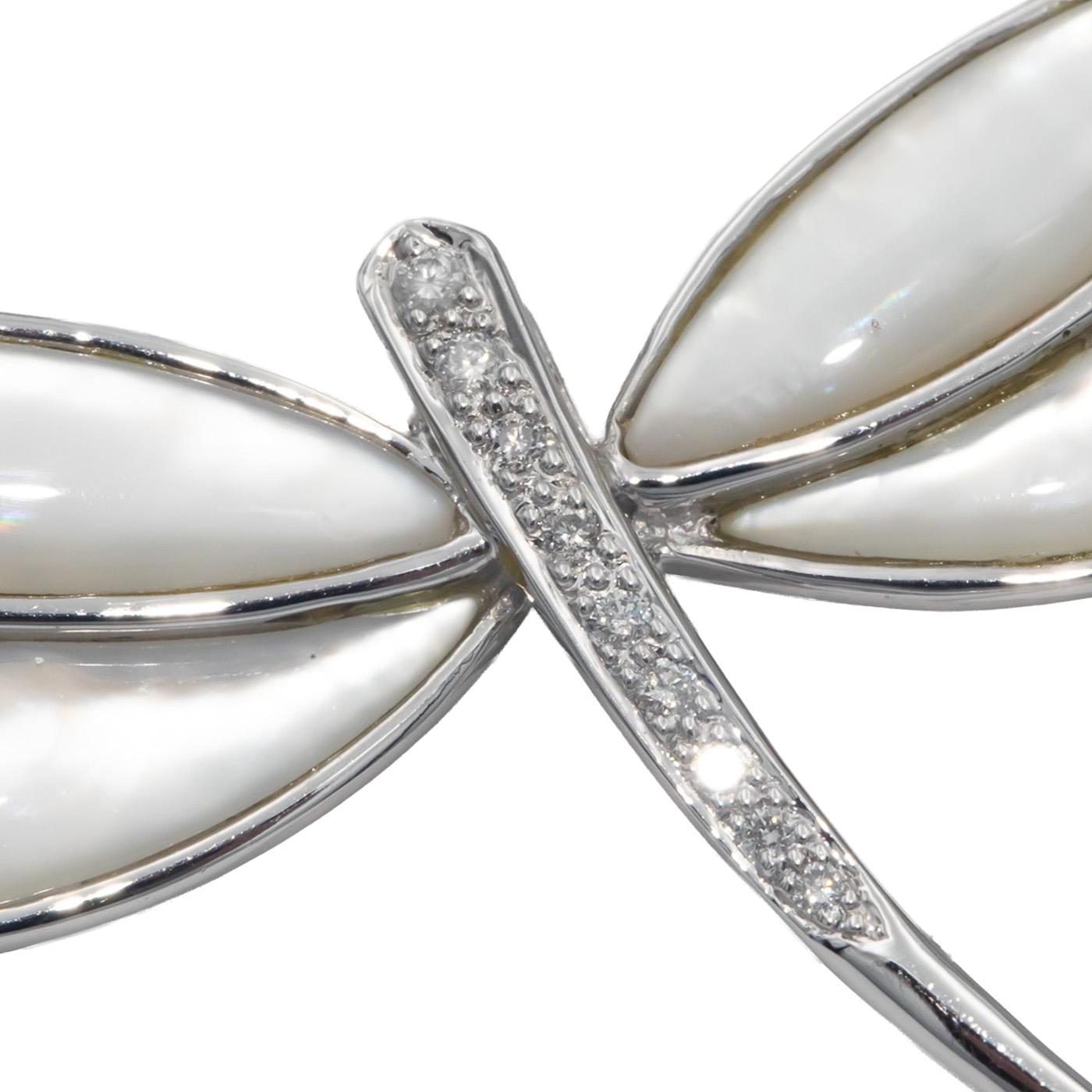 18k White Gold 0.15CT Diamond and Mother of Pearl Dragonfly Brooch Pin
