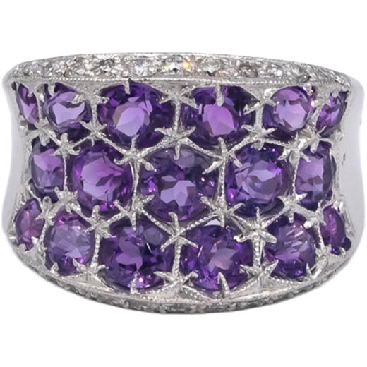 18k White Gold 3.60CT Diamond and Amethyst Wide Band Ring Size 6.25
