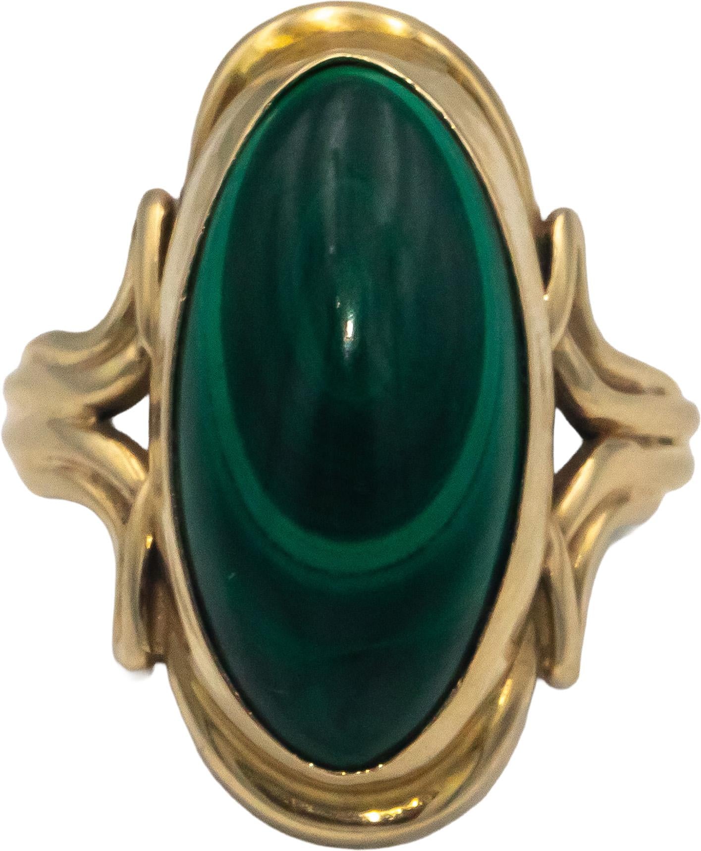 Vintage 14k Yellow Gold 16.8 x 8.0mm Cabochon Malachite Ring Size 5