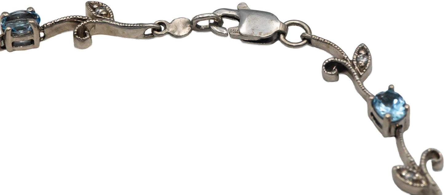 14k White Gold 1.56CT Diamond and Aquamarine Floral Link Bracelet