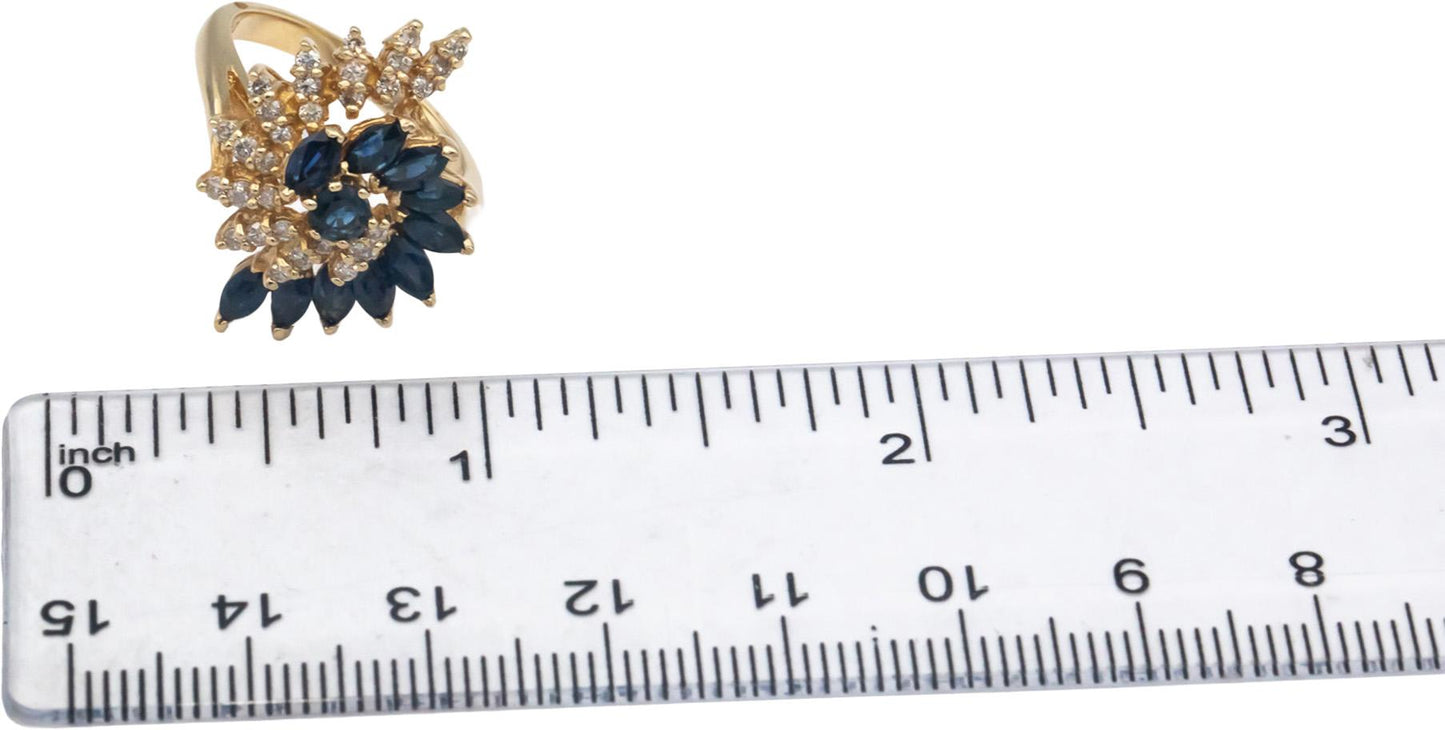 14k Yellow Gold 1.75CT Diamond and Sapphire Swirl Cocktail Ring Size 6