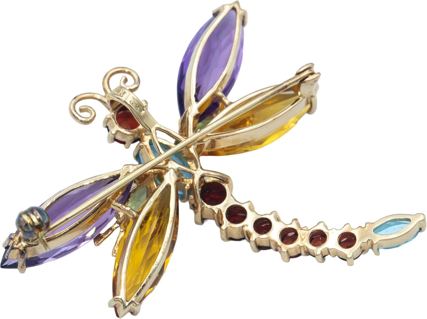 14k Yellow Gold 13.0CT Assorted Gemstone Dragonfly Brooch Pin