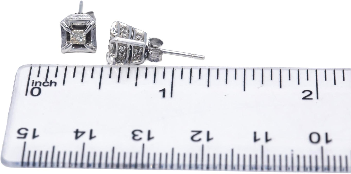 10k White Gold Princess and Round Diamond Stud Earrings 0.50CT