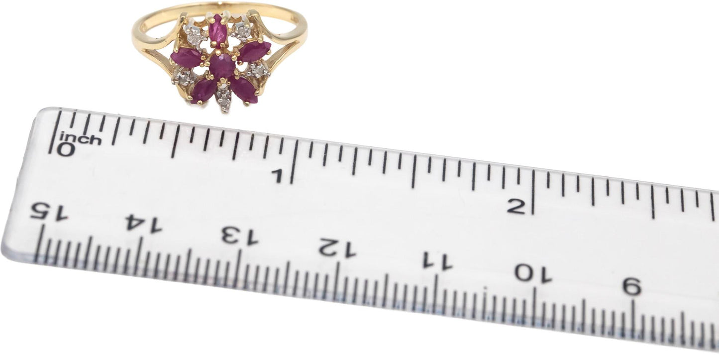 10k Yellow Gold Diamond and Ruby Flower Ring 0.48CTW Size 7.25