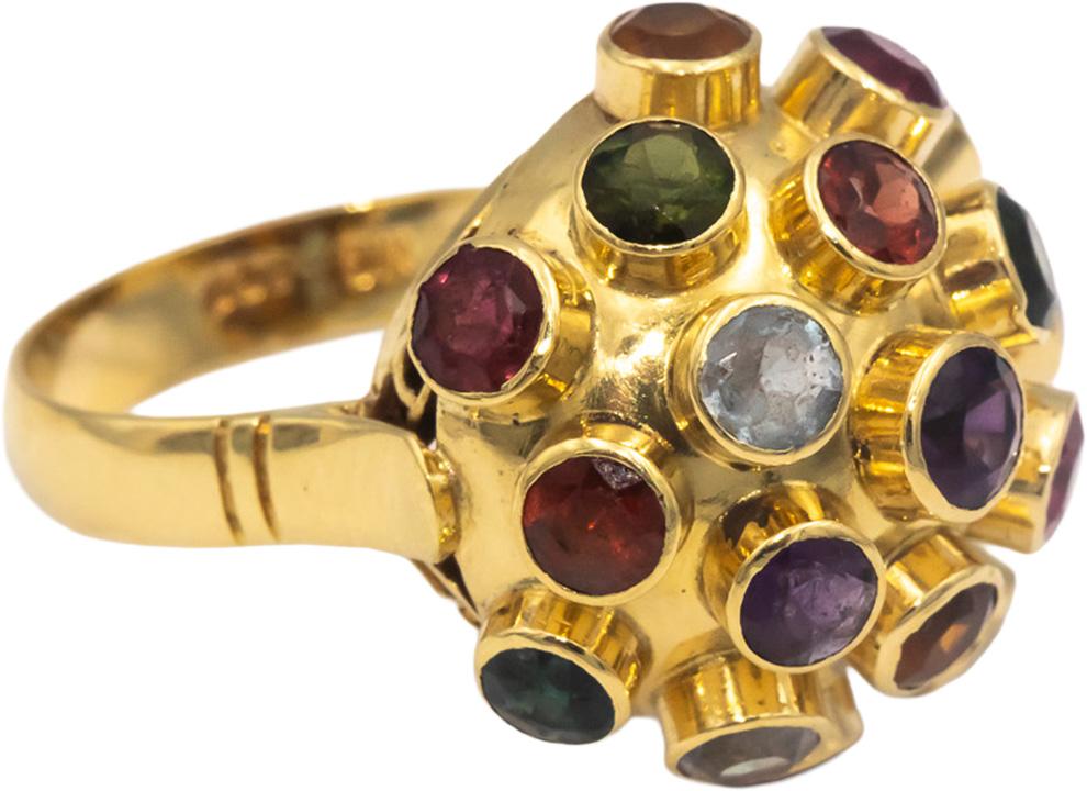 Assorted Rainbow Gemstone 18k Yellow Gold Bezel Set Sputnik Dome Ring Size 6.5