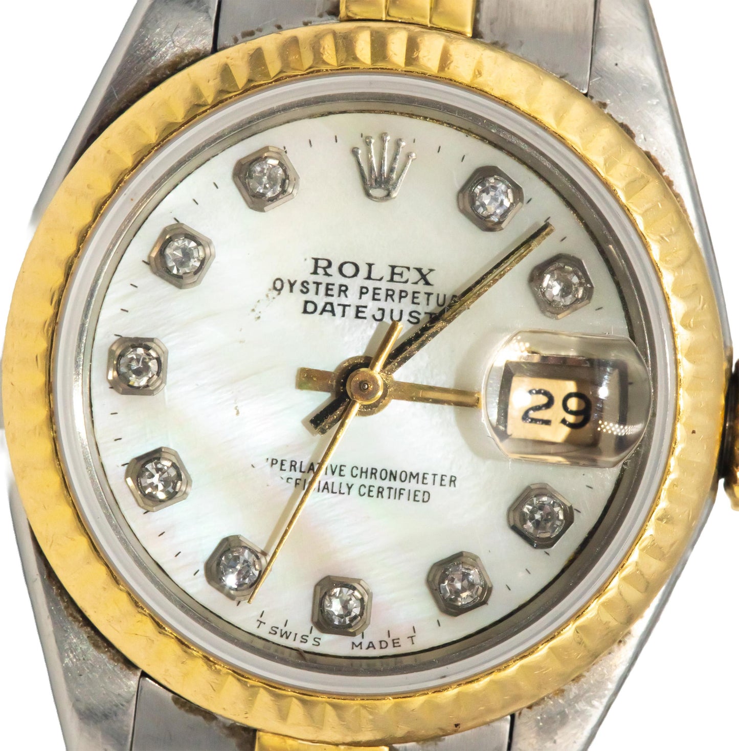 ROLEX Stainless Steel 18k Gold 69173 Lady-Datejust Mother of Pearl Diamond Watch