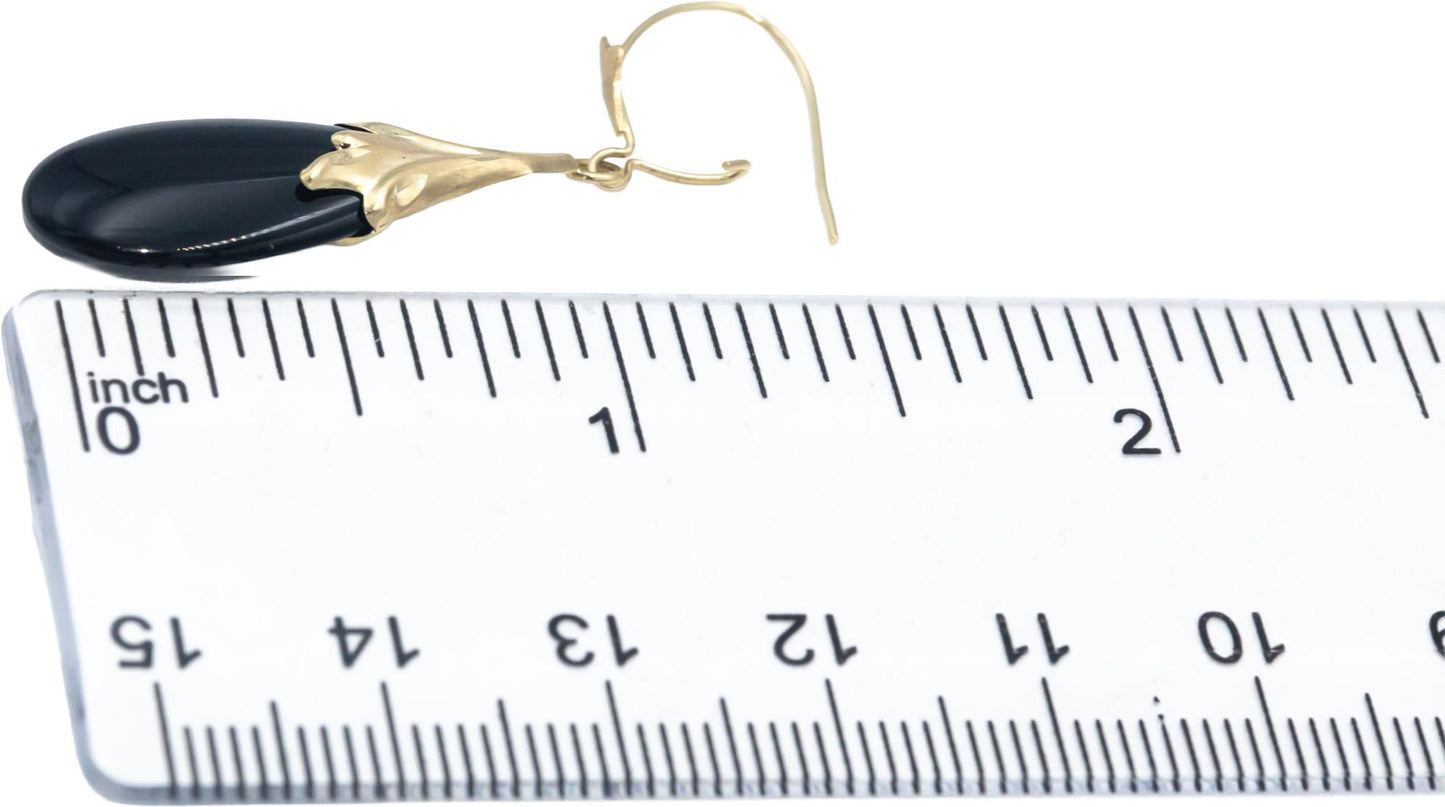 14k Yellow Gold Pear Cabochon Black Onyx Drop Dangle Earrings