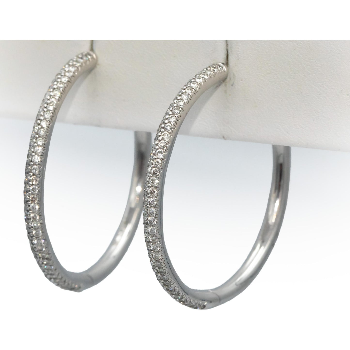 18k White Gold Round Diamond Pave Two-Row Hoop Earrings 1.78CT