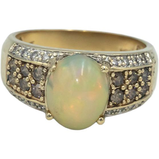 14k Yellow Gold Round Diamond and Cabochon Opal Cocktail Ring 2.96CT Size 9
