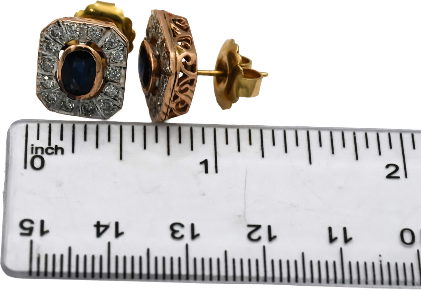 14k Rose & Yellow Gold Diamond and Sapphire Stud Earrings 1.75CT