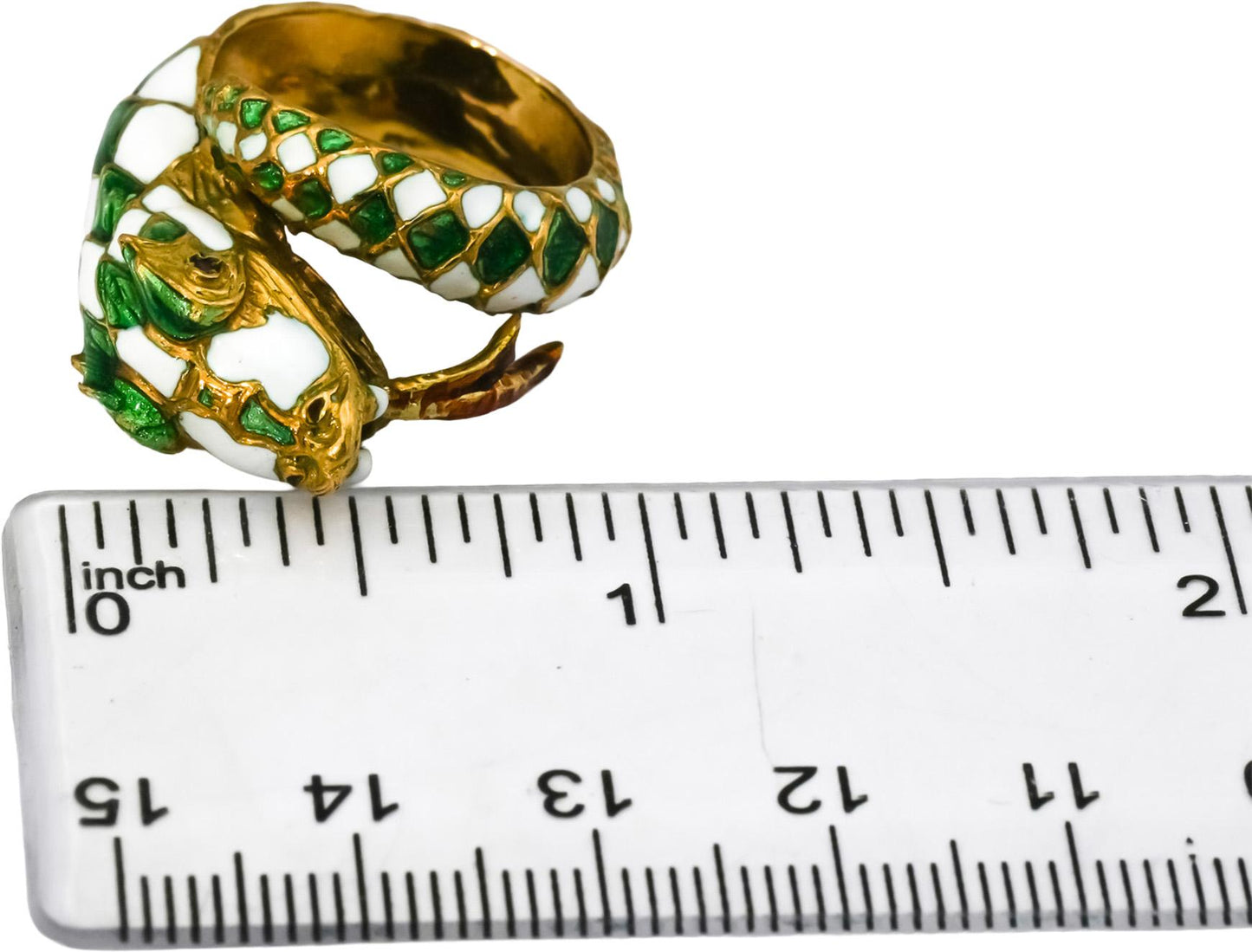 Vintage Antique 18k Yellow Gold White and Green Enamel Snake Ring 7