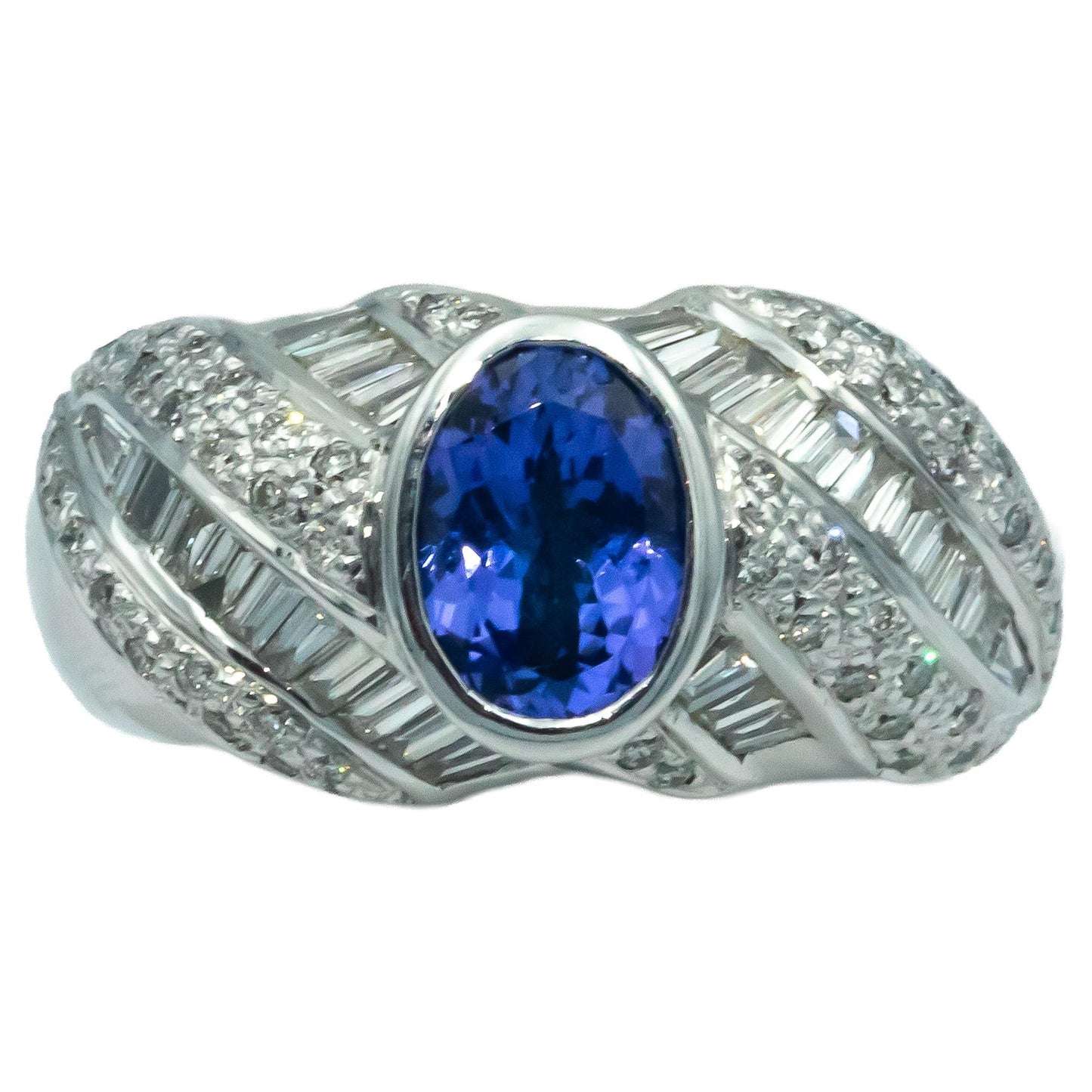 Designer 18K White Gold Diamond and Tanzanite Cocktail Ring 1.84CT Size 6