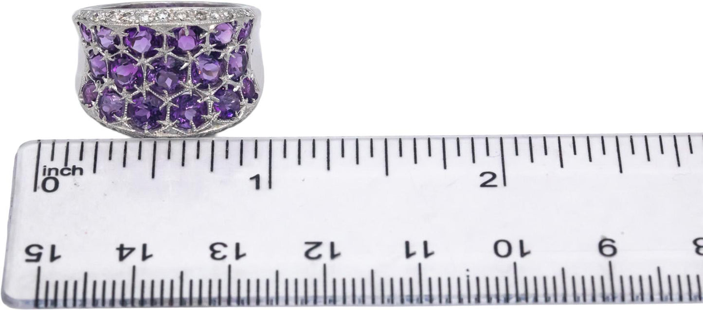 18k White Gold Diamond and Amethyst Wide Band Ring 3.60CT Size 6.25