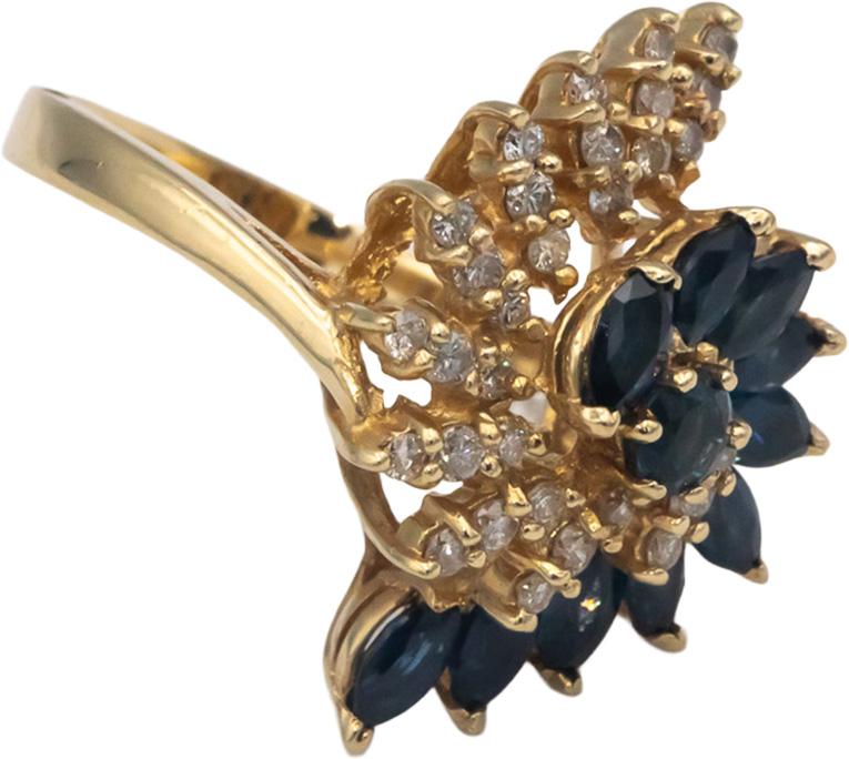 14k Yellow Gold 1.75CT Diamond and Sapphire Swirl Cocktail Ring Size 6