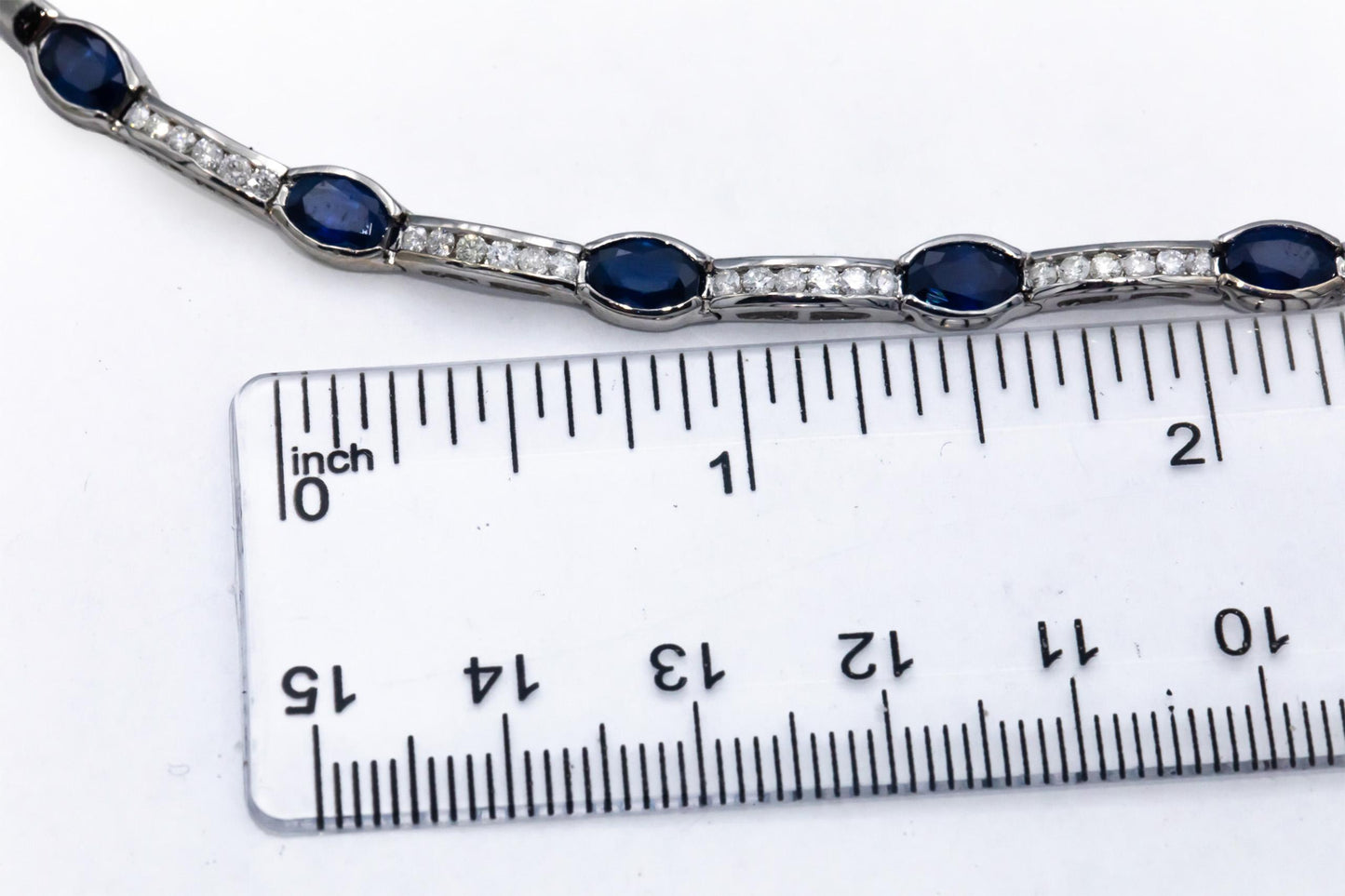 14k White Gold Round Diamond and Oval Sapphire Fancy Link Necklace 7.0CT