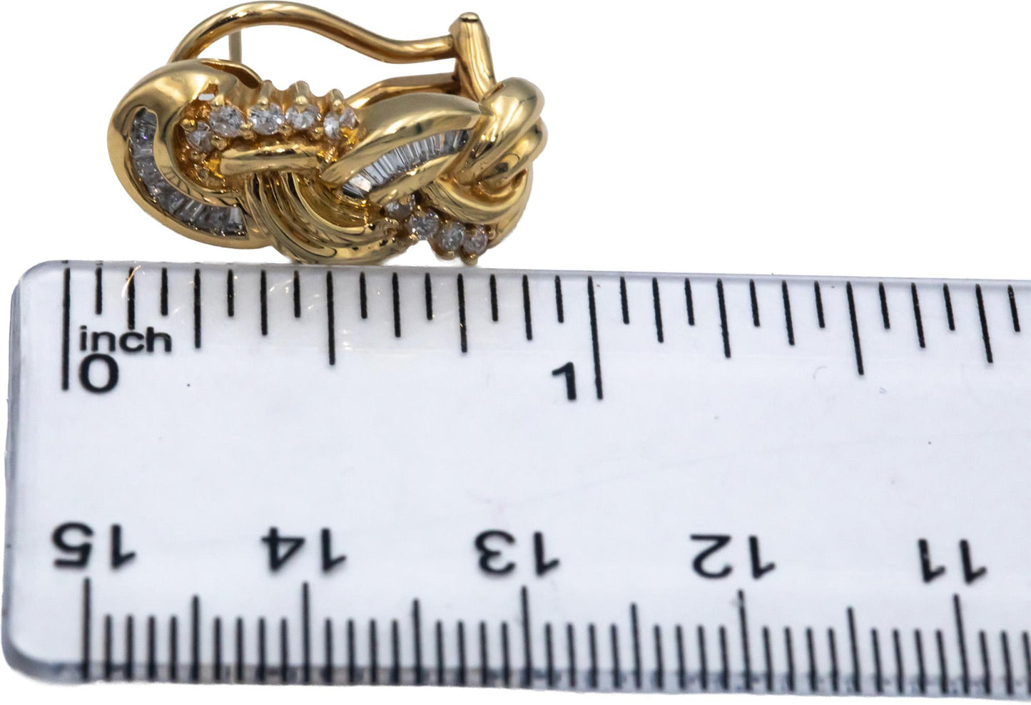 14k Yellow Gold 1.0CT Round & Baguette Cut Diamond Twisted Curved Earrings