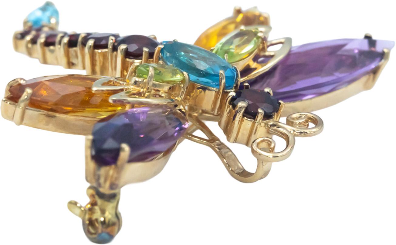 14k Yellow Gold 13.0CT Assorted Gemstone Dragonfly Brooch Pin