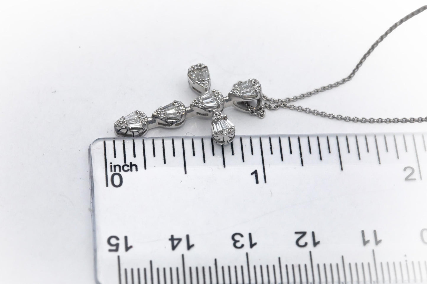 18k White Gold VS Round & Baguette Diamond Cross Crucifix Pendant Necklace .42CT