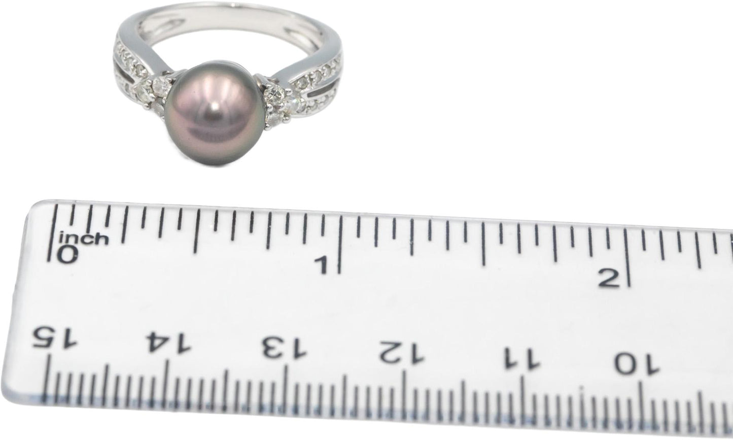 14k White Gold 0.25CT Diamond & 9mm Black Tahitian Pearl Cocktail Ring Size 7.25