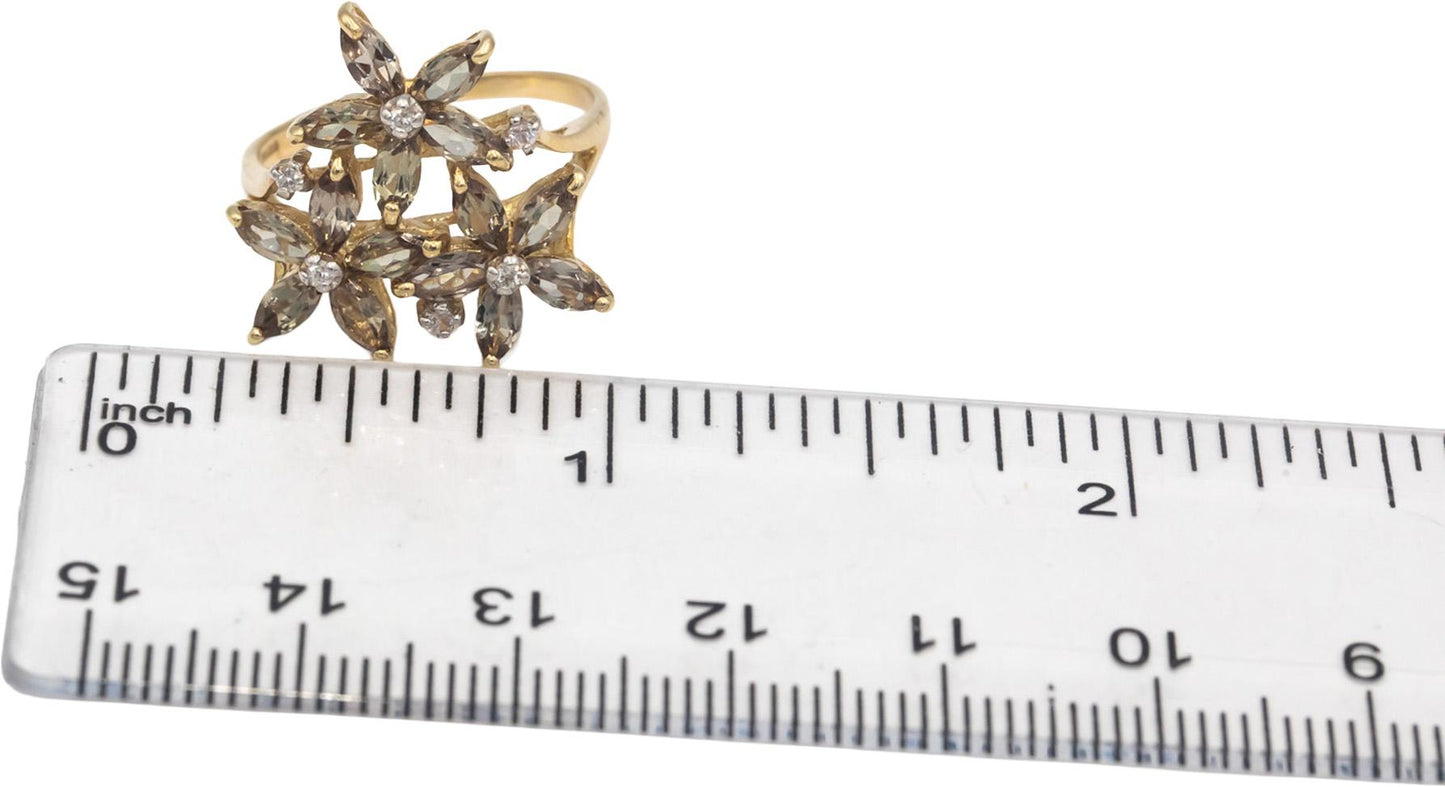 White Topaz & Peridot 9k Yellow Gold Flower Cocktail Ring 1.05CT Size 7