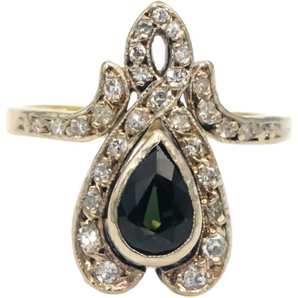 Vintage Antique Diamond & Green Sapphire 18k Yellow Gold Ring 0.95CT Size 4.75