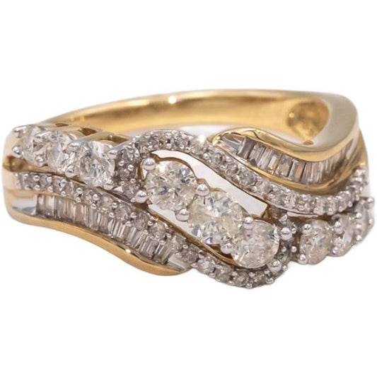10k Yellow Gold Round & Baguette Cut Diamond Cocktail Ring 1.0CT Size 7