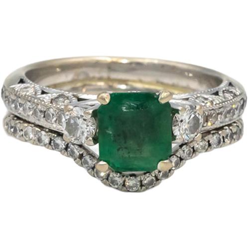 18k White Gold Emerald & Diamond Engagement Bridal Ring Set 2.16CT Size 6