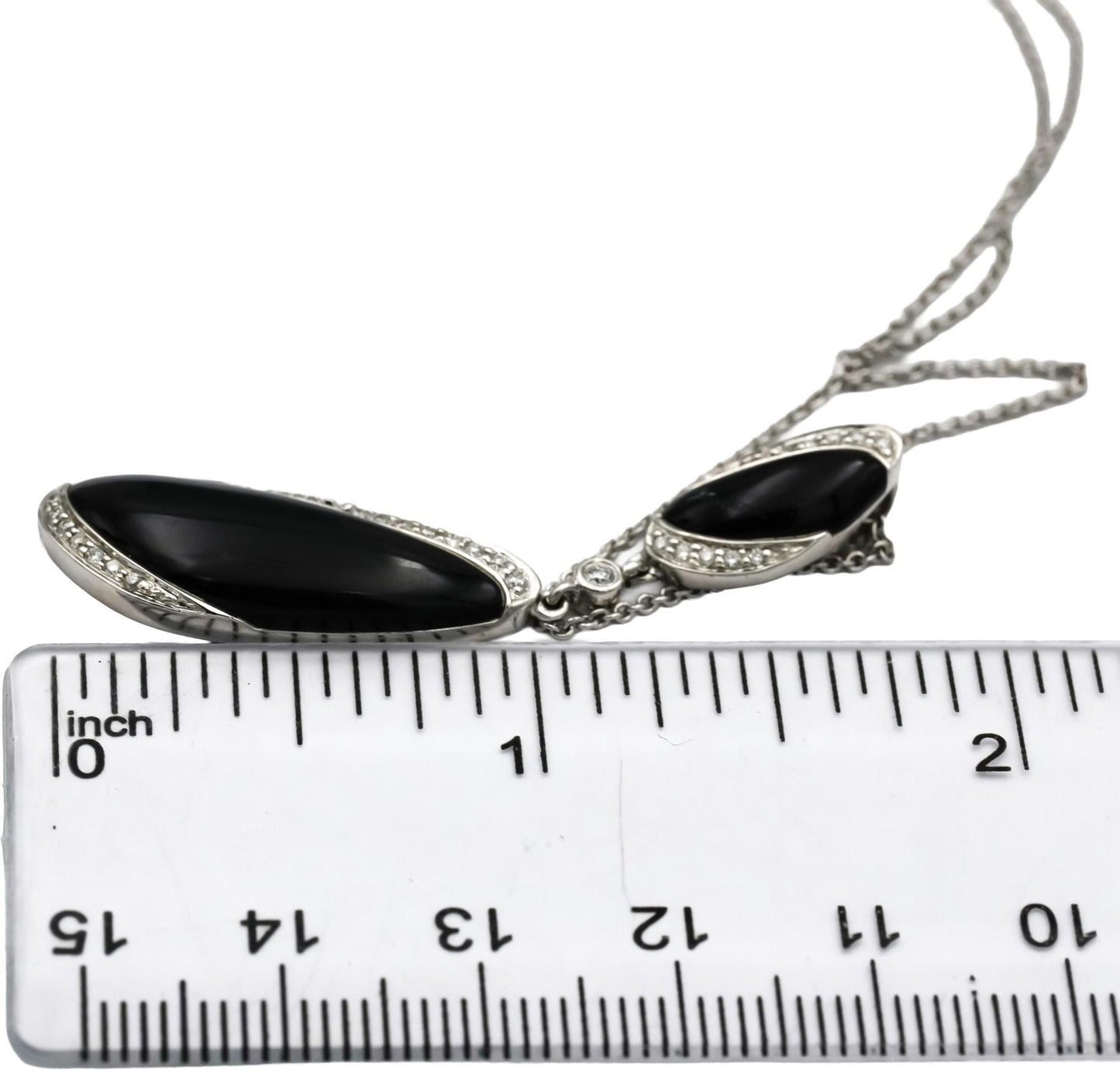 14k White Gold Round Diamond and Onyx Pendant Necklace 0.15CT