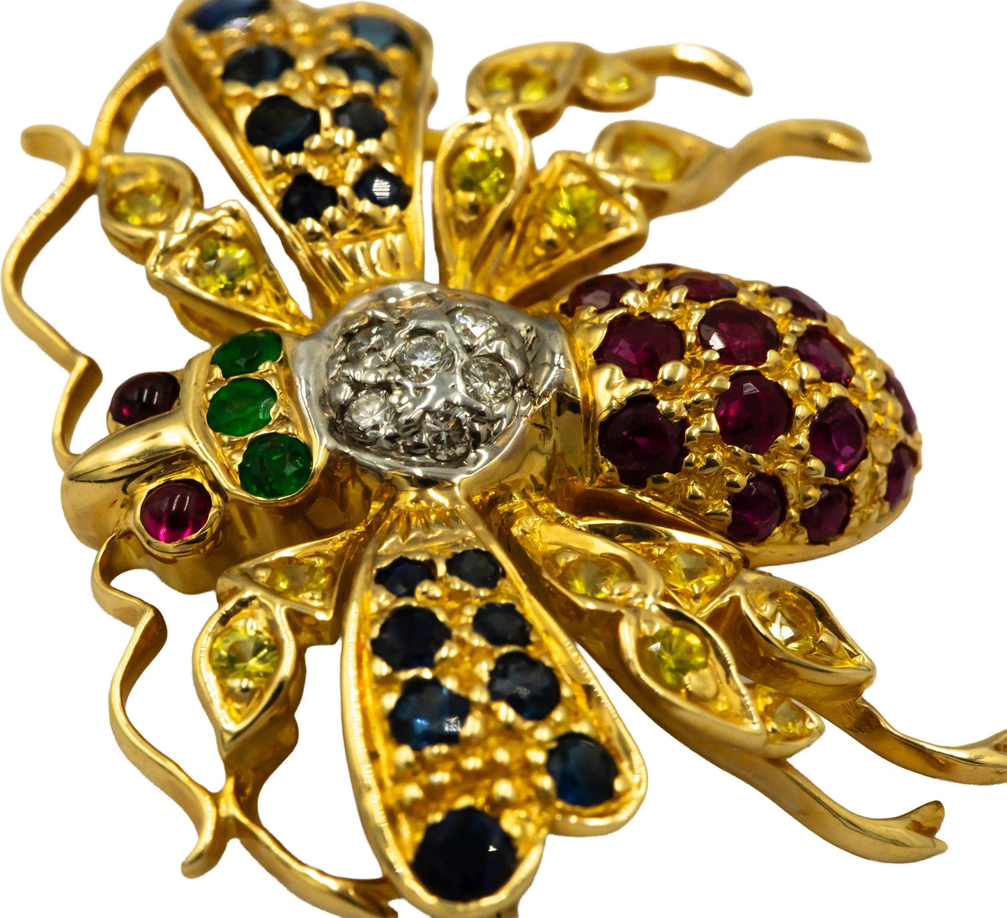 18k Yellow Gold Diamond Sapphire and Emerald Insect Fly Brooch 0.85CT