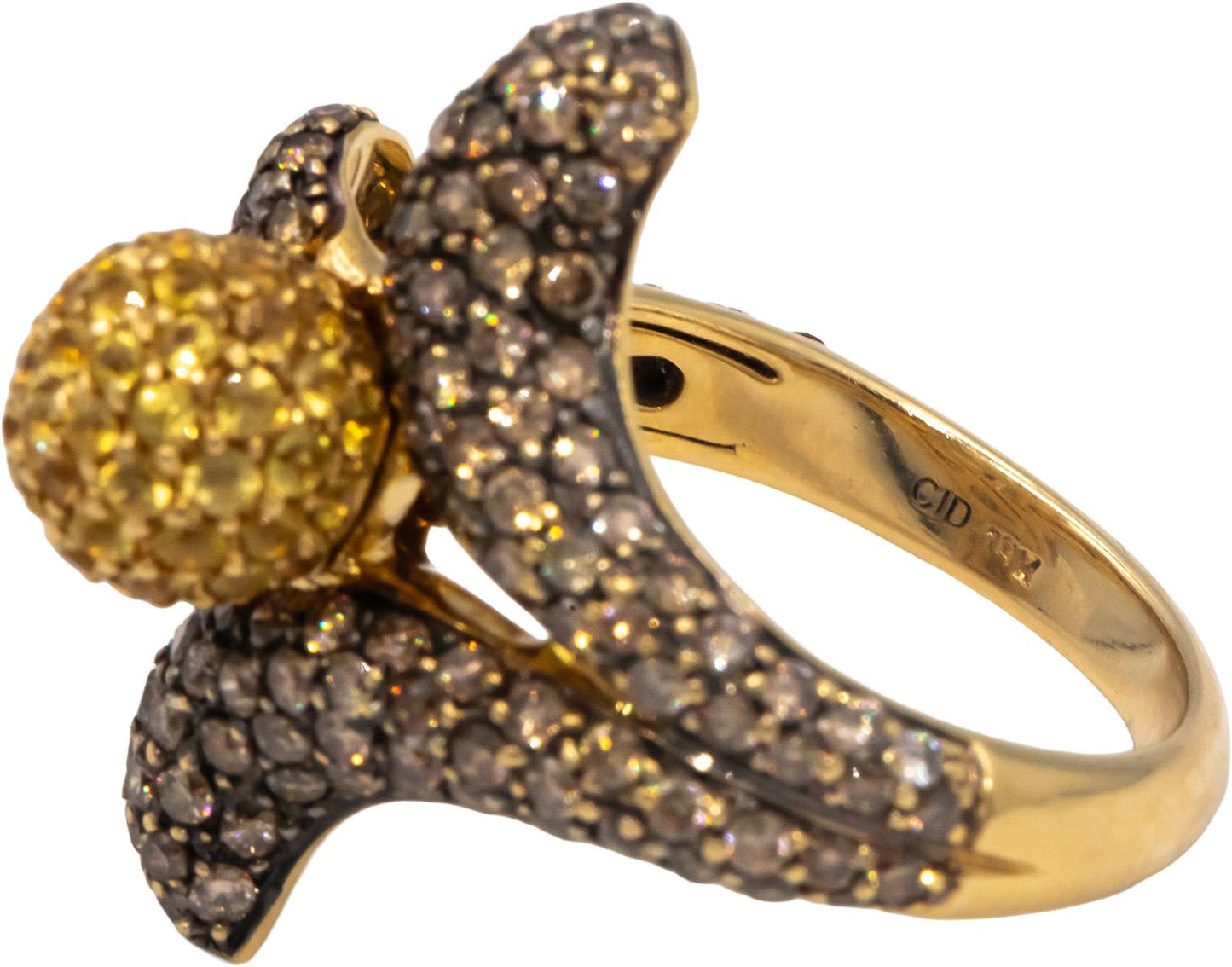 18k Yellow Gold 2.0CT Brown Diamond Yellow Sapphire Flower Ring Size 5.5